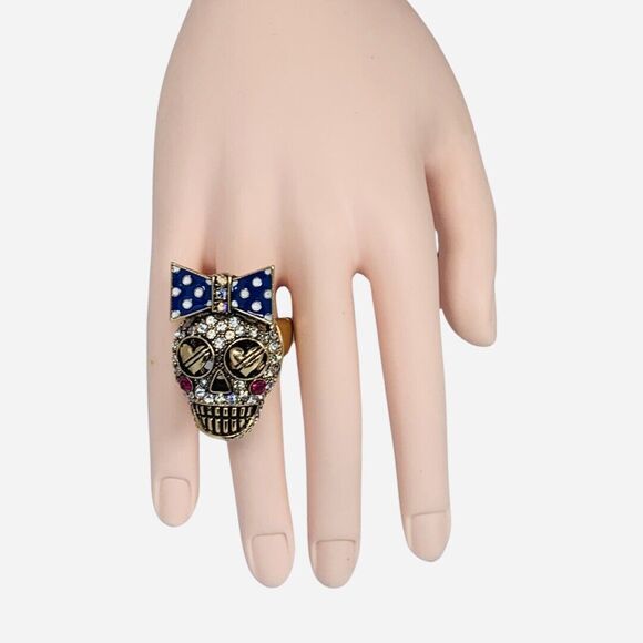 Betsey Johnson Sugar Skull Ring Sz 7 Crystal Stretch Ivy League Polka Dot - Picture 7 of 14